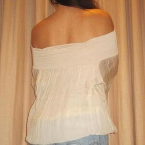 vintage cream silk off shoulder top ruched sleeves sheer boho elegant
